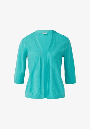Türkiser Cardigan aus leichtem Material, mit Drei- Viertel-Ärmeln, einem V-Ausschnitt und einem offenen Vorderteil, das am Saum mit Rippdetails versehen ist.