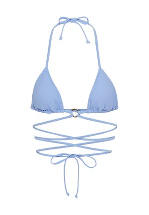 Light blue bikini top featuring a triangular design, halter neck ties, a gold circular accent at the center, and crisscross straps below.
