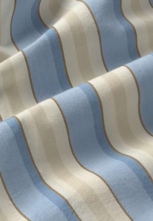 Soft fabric with horizontal stripes in light blue, cream, and beige tones, slightly wrinkled with subtle shading and texture.