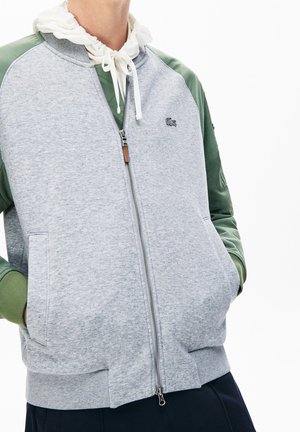 Person wearing a gray zip-up jacket with green sleeves over a white hoodie, hands in pockets, against a plain white background.