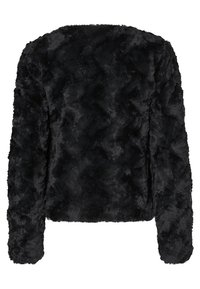 Zwarte jas van namaakbont met lange mouwen, een gestructureerd oppervlak en een eenvoudige, ronde halslijn. Geen zichtbare sluitingen of extra details.