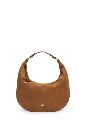 Brown suede hobo bag with adjustable handle, zipper closure, and small gold LLOYD logo at the center front.
