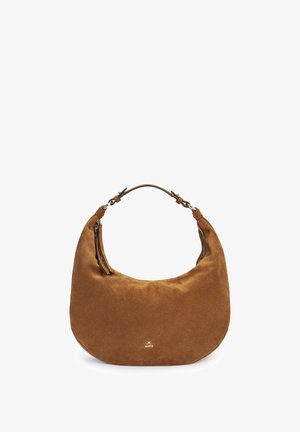 Brown suede hobo bag with adjustable handle, zipper closure, and small gold LLOYD logo at the center front.