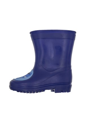 Stivale da pioggia in gomma blu con superficie liscia, punta arrotondata e suola testurizzata. Presenta un accento azzurro chiaro vicino alla parte superiore con un design di personaggio.
