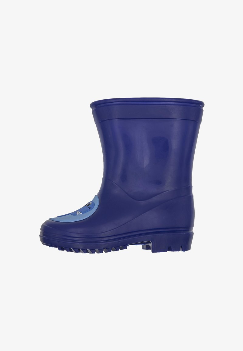 Botte de pluie en caoutchouc bleue avec une surface lisse, un orteil arrondi et une semelle texturée. Présente un accent bleu clair près du haut avec un design de personnage.