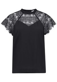 Blusa nera con maniche in pizzo, caratterizzata da un collo alto e un frontale a forma di V. Tessuto morbido con un intricato motivo in pizzo e bordi frangiati.