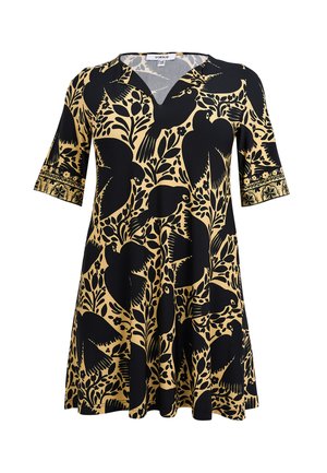 Zwart-beige korte mouw jurk met vogel- en bloemmotief, V-hals en decoratieve rand op de mouwen.