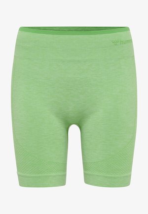 Světle zelené sportovní šortky vyrobené z elastického materiálu, s texturovaným bočním panelem a hladkým páskem s logem.