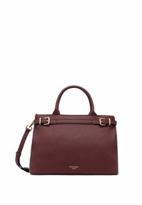 Borsa a mano in pelle borgogna con forma strutturata, doppi manici, finiture in hardware dorato e tracolla staccabile. Logo del marchio esposto.