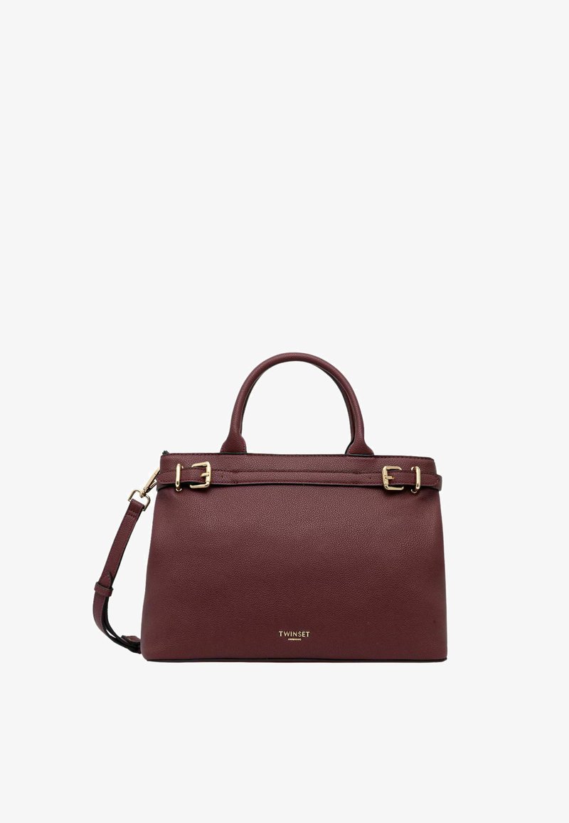 Borsa a mano in pelle borgogna con forma strutturata, doppi manici, finiture in hardware dorato e tracolla staccabile. Logo del marchio esposto.