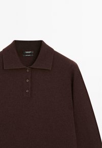 Dark brown cashmere long-sleeve polo shirt with three buttons and a pointed collar, labeled Massimo Dutti, made in China.