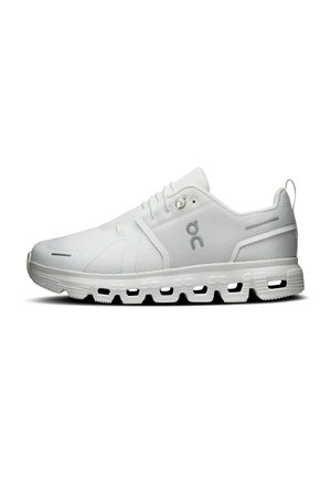White athletic shoe with breathable mesh upper, cushioned sole with hollowed-out sections, and "on" logo on the side, shown in profile on a white background.