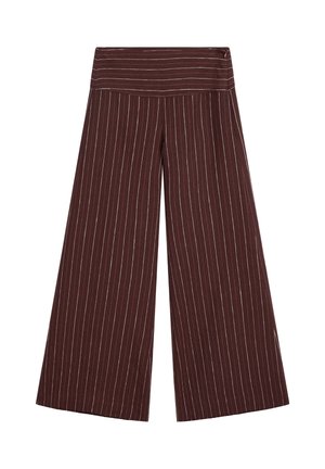 Bruine wijde broek met witte verticale strepen; elastische taille; gemaakt van zachte stof; beschikt over strakke lijnen en een comfortabele pasvorm.
