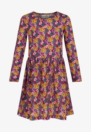 Robe pour enfants à manches longues avec un fond violet, des visages de tigres jaunes et un motif de feuilles tropicales vertes et roses.