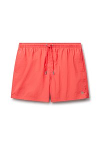 Costumi da bagno color corallo realizzati in un tessuto leggero e testurizzato. Vita elastica con cordoncino regolabile e piccolo logo dettagliato sull'orlo.