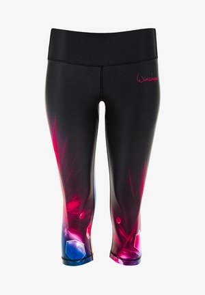High-waisted black leggings with a vibrant gemstone pattern in pink and blue, made from stretch fabric with smooth texture and tailored fit.