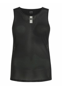 Zwarte mouwloze mesh tanktop met een ronde halslijn, subtiele textuur en witte verticale strepen met branding op de voorkant.