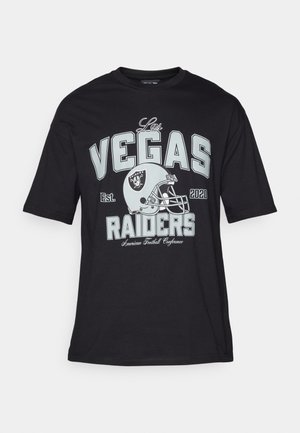 Black t-shirt made of cotton, featuring a graphic print of a football helmet and "Las Vegas Raiders" text in light blue and white.