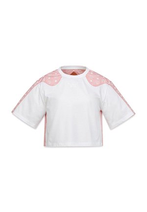 Weißes kurzärmeliges, gekürztes Hemd mit rosa gemusterten Einsätzen an Schultern und Ärmeln, mit rundem Ausschnitt und dezentem Logo auf der Brust.