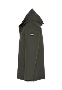 Olivgrüne Kapuzenjacke mit durchgehendem Reißverschluss, elastischen Bündchen und einem Logo-Patch am Ärmel. Sie zeichnet sich durch einen strukturierten Stoff und geräumige Taschen aus.