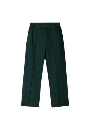 Pantalons de survêtement vert foncé, en tissu doux, avec une taille élastique, deux poches latérales et une coupe droite avec des détails de plis.