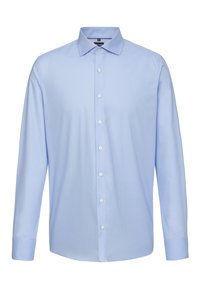 Camicia azzurro chiaro a maniche lunghe con bottoni, realizzata in tessuto liscio. Presenta un colletto a punta e chiusura frontale con bottoni bianchi.