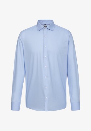 Himmelblaues langärmliges Hemd mit Knopfleiste aus glattem Stoff. Verfügt über einen spitzen Kragen und eine vordere Knopfleiste mit weißen Knöpfen.