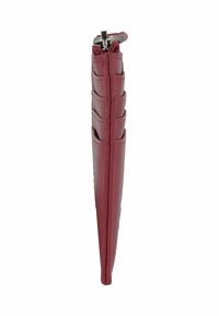 Red faux leather pencil case with a tapered design, featuring vertical grooves and a silver zipper closure at the top.