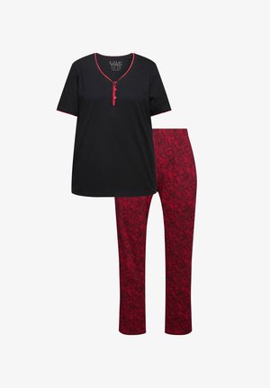 Sort top med røde accenter, v-hals, korte ærmer og tre knapper. Rødt mønstrede bukser med et flydende design og let struktureret stof.