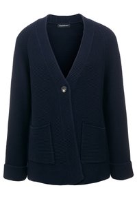 Cardigan in maglia blu navy con scollo a V, chiusura con un bottone, due tasche frontali e polsini a costine. Tessuto testurizzato con un aspetto accogliente.