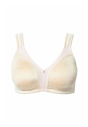 Reggiseno da donna color crema con texture a coste, pannelli trasparenti, bordi in pizzo e un piccolo adornamento centrale. Spalline regolabili. Senza imbottitura.