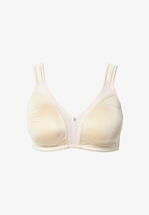 Reggiseno da donna color crema con texture a coste, pannelli trasparenti, bordi in pizzo e un piccolo adornamento centrale. Spalline regolabili. Senza imbottitura.