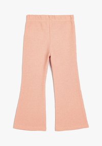 Pantalones acampanados de tela acanalada en suave rosa pastel, con una cinturilla elástica y una textura suave.