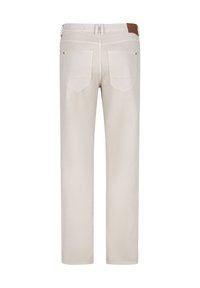 Beige straight-leg pants with back pockets and a brown leather patch on the waistband, shown from the back.
