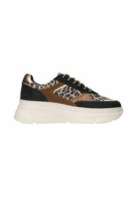 Leopard print sneaker with black and brown suede accents, featuring a thick white sole and metallic gold hardware on the laces.