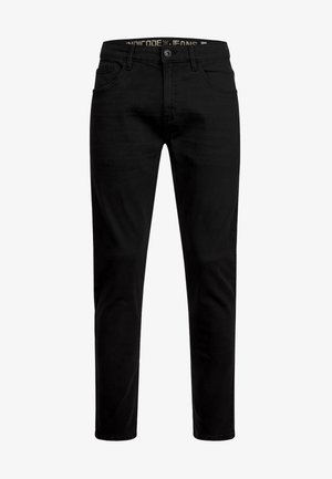 Black slim-fit jeans with button and zipper closure, front and back pockets, and belt loops on the waistband.