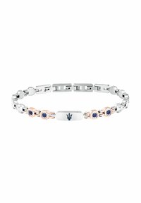 Srebrn in rosegold zapestnica s šestkotnimi povezavami, modrimi akcenti, osrednjim simbolom in polirano površino. Oblikovana za eleganten videz.