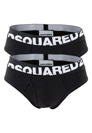 Slip di cotone neri con un ampio elastico grigio con il logo "DSQUARED2". Texture liscia e design aderente con cuciture strutturate.
