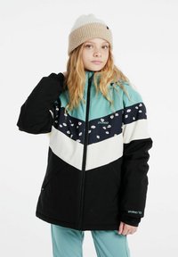 Veste de ski multicolore avec une base noire, des accents turquoise et un motif floral sur la poitrine. Comprend un col relevé et une fermeture éclair.