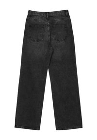 Jeans in denim nero a gamba larga con vita alta, dotati di due tasche posteriori e un taglio dritto. Il tessuto ha una finitura morbida e testurizzata.