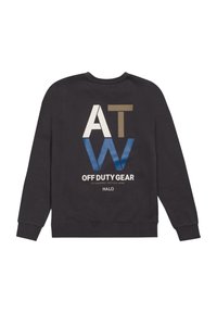 Czarny sweatshirt z dużym graficznym napisem w białym, niebieskim i brązowym kolorze. Napis zawiera "ATW OFF DUTY GEAR" oraz ściśle żebrowany dekolt i mankiety.