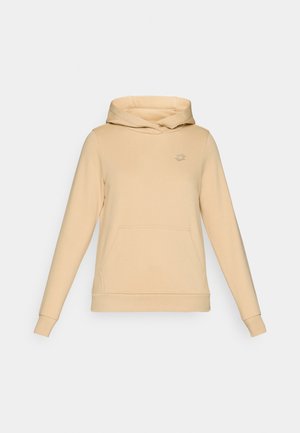 Beige kapucnis pulóver, puha anyagból, elülső zsebbel és bordázott mandzsettával. Diszkrét logó található a mellkasán.