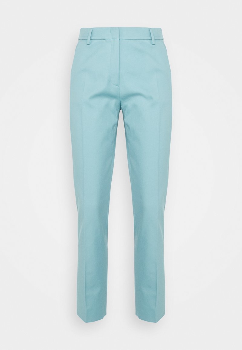 Pantalon droit bleu clair avec passants de ceinture, fermeture éclair à l’avant et plis marqués, présenté sur fond blanc.