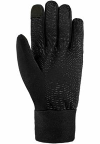 Schwarze Handschuhe aus weichem Stoff mit einem strukturierten Grip-Muster. Verfügen über einen Fleece-Bund für zusätzliche Wärme und einen touchscreen-kompatiblen Fingerspitze.