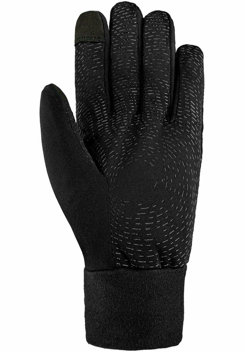 Schwarze Handschuhe aus weichem Stoff mit einem strukturierten Grip-Muster. Verfügen über einen Fleece-Bund für zusätzliche Wärme und einen touchscreen-kompatiblen Fingerspitze.
