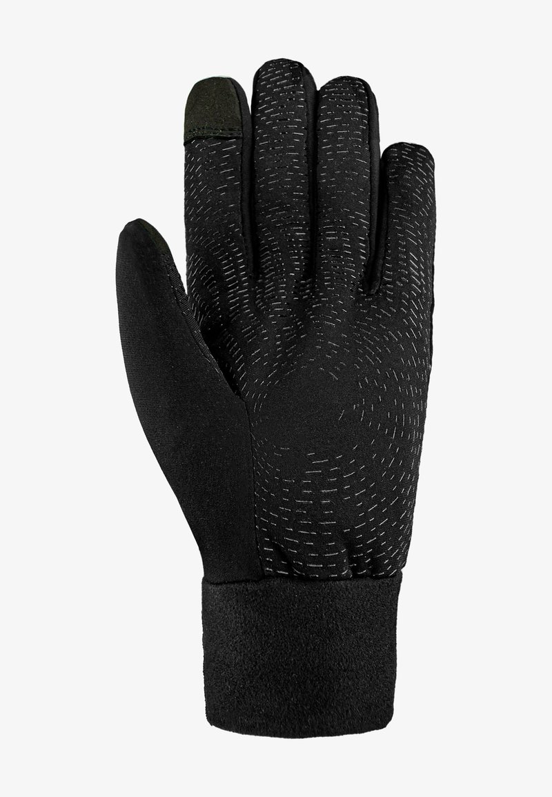 Schwarze Handschuhe aus weichem Stoff mit einem strukturierten Grip-Muster. Verfügen über einen Fleece-Bund für zusätzliche Wärme und einen touchscreen-kompatiblen Fingerspitze.