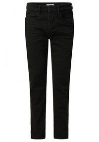 Crne traperice s uskim krojem, s klasičnim dizajnom od pet džepova, petljama za remen i zatvaračem na munje s kopčom na gumb. Glatka tekstura.