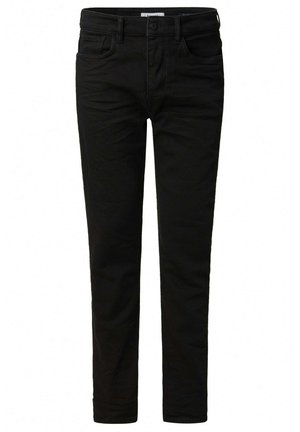 Czarne dżinsy w wąskim kroju, z klasycznym pięcioma kieszeniami, szlufkami na pasek oraz zamek błyskawiczny z zapięciem na guzik. Gładka tekstura.