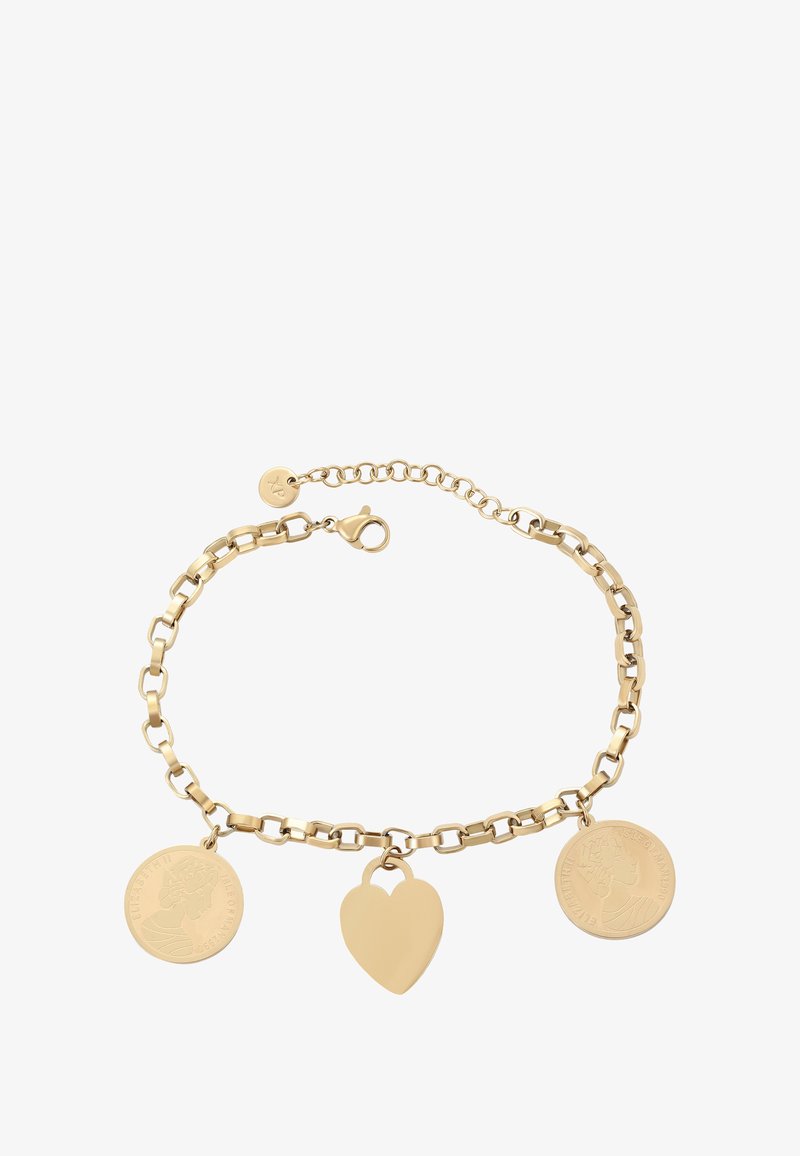 Arany lánc karkötő három charm-mal: két érme alakú profilozott dísz és egy sima szív alakú dísz a középen, homárkapocsos zár.