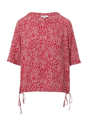 Top rosso a maniche corte con un motivo geometrico bianco, lacci a coulisse sull'orlo e una vestibilità ampia con scollo largo.
